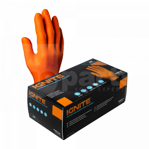 Gloves, Ignite Orange Nitrile 7mm (Box 100), Medium, Powder Free - ST1242
